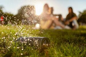 kabellos wasserdicht Lautsprecher von freunde haben Spaß zusammen im Park Hören zu Musik- foto