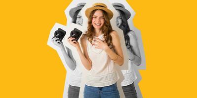 Gelb Hintergrund Collage von jung ziemlich Frau im Sommer- Ferien Stil Outfit halten Jahrgang Foto Kamera posieren im Stroh Hut, Mode Trend, lächelnd natürlich sehen, aufrichtig Lachen, wahr Emotion