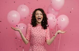 ziemlich jung Frau posieren isoliert auf Rosa Studio Hintergrund mit Rosa Luft Ballons und Konfetti foto