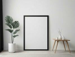 ein Weiß Zimmer mit ein schwarz Rahmen und ein eingetopft Pflanze. ai generiert foto