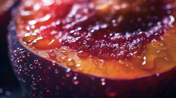 generativ ai, hell Scheibe von saftig reif Pflaume und Wasser Tropfen, Makro von Sommer- Obst foto