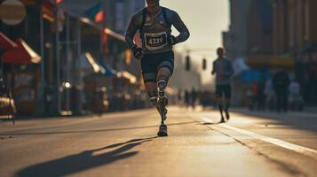 generativ ai, Person mit Behinderung, Prothese Gliedmaßen Laufen und tut nicht Gefühl Hindernis, foto
