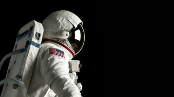 Seite Aussicht von Raumfahrer oder Astronaut isoliert auf schwarz Hintergrund foto