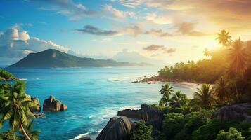 generativ ai, schön Strand von Seychellen, Ozean oder Meer Landschaft, Ferien auf Paradies. tropisch Inseln foto