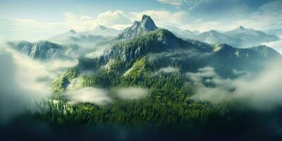 generativ ai, neblig Tanne Wald schön Landschaft im Hipster Jahrgang retro Stil, nebelig Berge und Bäume. foto