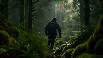 zurück Aussicht von Mann Wandern im das Wald. foto