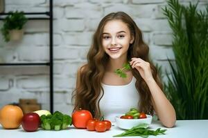 jung Frau Essen gesund Essen und Sitzung im das Essen Zimmer dekoriert mit Grün Pflanzen foto