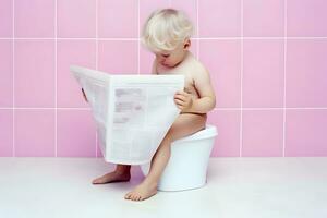 Kind lesen Zeitung und Toilette auf Topf. foto