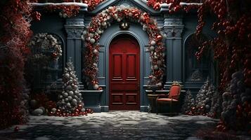 generativ ai, Vorderseite Tür mit Weihnachten Dekoration, Kranz und Girlande. rot und grau Farben foto