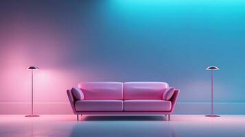 generativ ai, modern Neon- minimalistisch Innere, Blau und Rosa Farben, Sofa, Tabelle und Pflanzen foto