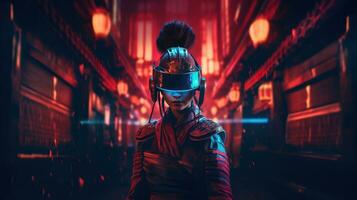 generativ ai, schön asiatisch Person im Samurai passen im vr Brille im Neon- Raum Straße, virtuell Wirklichkeit Headset im Cyberspace foto
