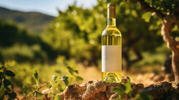 generativ ai, Weiß Wein Flasche spotten oben auf Weinberg Landschaft im das Sonnenschein, bewältigen Raum und Platz zum Logo foto