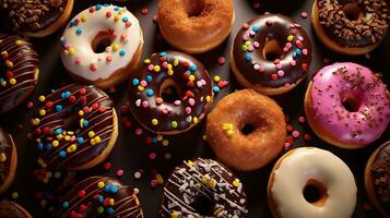 generativ ai, sortiert bunt glasiert Donuts mit Sträusel, Süss gebacken Dessert foto