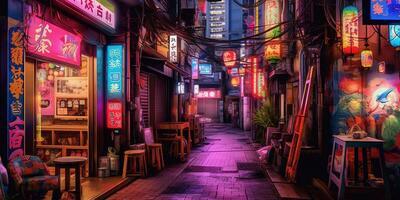 generativ ai, Nacht Szene von groß Stadt im Cyberpunk Stil, futuristisch nostalgisch 80er, 90er. Neon- Beleuchtung beschwingt Farben, fotorealistisch horizontal Illustration. foto