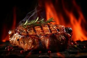 lecker aromatisch Steak mit Rosmarin und Gewürze auf das Hintergrund von ein verschwommen Flamme. köstlich Lebensmittel. ai generieren foto
