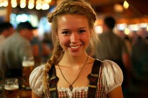 Porträt von ein lächelnd jung Frau im ein traditionell bayerisch Kostüm. feiern Oktoberfest. ai generativ foto
