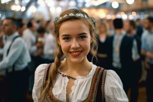 Porträt von ein lächelnd jung Frau im ein traditionell bayerisch Kostüm. Party beim das Oktoberfest. ai generativ foto