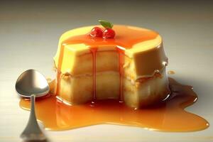 Pudding Pudding mit Karamell Sirup. Französisch Konditorei. ai generativ foto