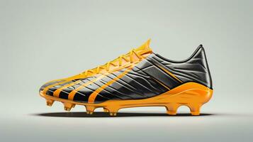 ein Fußball Schuh mit Orange und schwarz Streifen ai generativ foto