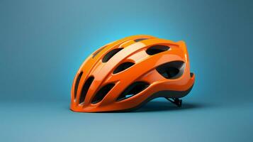 ein Orange Fahrrad Helm auf ein Blau Hintergrund ai generativ foto