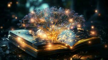 ein glühend, Hightech Baum im das gestalten von ein Mensch Gehirn wächst von ein Buch. Konzept von Intelligenz Wissen und Bildung foto