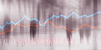 Börsen- oder Forex-Handelsdiagramm. Trading-Investitionskonzept. blaue und rote Linie foto