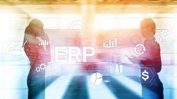 ERP-System, Enterprise Resource Planning auf unscharfem Hintergrund. Geschäftsautomatisierungs- und Innovationskonzept.