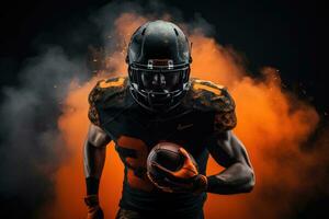 amerikanisch Fußball Spieler im Helm halten Ball gegen schwarz Hintergrund mit Orange Rauch, amerikanisch Fußball Spieler auf ein dunkel Hintergrund im Rauch im schwarz und Orange Ausrüstung, ai generiert foto