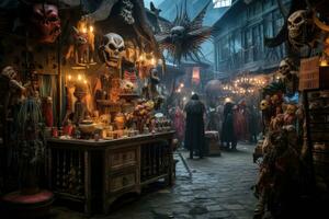 traditionell Karneval Masken im das alt Stadt, Dorf von rouen im Normandie, Frankreich, 3d Halloween Kostüm Geschäft, grotesk Kreaturen Das Mischung einwandfrei mit ihr Kostüme, ai generiert foto