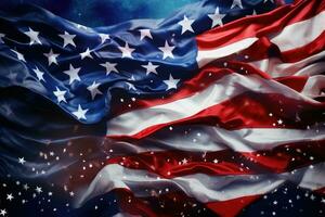 amerikanisch Flagge winken im das Wind mit Sterne und Raum zum Ihre Text, amerikanisch National Urlaub. uns Flaggen mit amerikanisch Sterne, Streifen und National Farben, ai generiert foto
