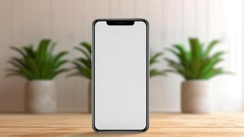 ai generativ ein Smartphone auf ein hölzern Tabelle mit Pflanze foto