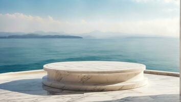 Weiß Marmor Podium mit Meer Aussicht auf Hintergrund. hoch Qualität Foto