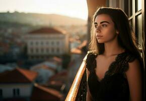 Brasilianer Frau Balkon beim Morgen. generieren ai foto