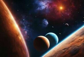 Nacht Himmel mit mehrere Planeten glühend gegen ein Hintergrund von Sterne und das Sonne, KI-generiert. foto