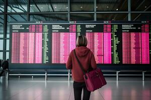 Frau mit ein Tasche Über ihr Schulter steht mit ihr zurück durch das Abfahrt und Ankunft Tafel beim das Zug Bahnhof oder beim das Flughafen. ai generiert. foto