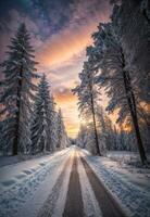 Straße führen gegenüber bunt Sonnenaufgang zwischen Schnee bedeckt Bäume mit Epos milchig Weg auf das Himmel. ai generiert foto