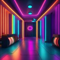 Korridor im Neon- Licht schön magisch Fantastisch durch ai generiert foto