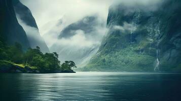 Landschaft neblig Fjord Ansichten ai generiert foto