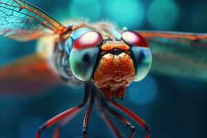 Nahansicht Porträt von ein schön bunt Libelle ai generiert, ai generativ foto