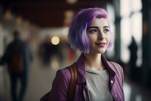 glücklich jung Frau mit lila Haar Gehen durch das Zug Bahnhof oder Flughafen. ai generiert. foto