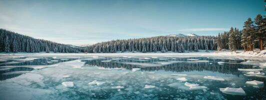 Blau Eis und Risse auf das Oberfläche von das Eis. gefroren See unter ein Blau Himmel im das Winter. das Hügel von Kiefern. Winter. Karpaten, Ukraine, Europa.. ai generiert foto
