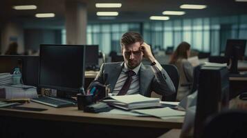 ein deprimiert Mitarbeiter im das Büro. ein Bild reflektieren Arbeitsplatz Stress und mental Gesundheit kämpft foto