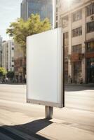 Vertikale leer Weiß Plakatwand beim Bus halt auf Stadt Straße. im das Hintergrund Gebäude und Straße. spotten hoch. Poster auf Straße Nächster zu Fahrbahn. sonnig Sommer- Tag.. ai generiert foto