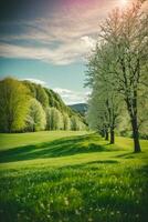 Frühling Natur. schön Landschaft. Grün Gras und Bäume. ai generiert foto