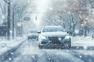 Auto der Verkehr auf schneebedeckt rutschig Straße beim Winter Jahreszeit. generativ ai foto