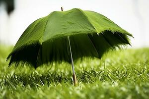 ein Bild von Grün Regenschirm im das Regen auf ein Hintergrund von Grün Gras, schließen oben generativ ai foto