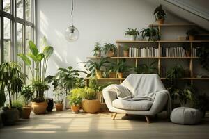 ein Schuss von Leben Zimmer Innere mit Sofa, Bücherregal und Pflanzen im Töpfe generativ ai foto