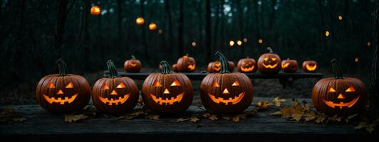 Halloween Kürbisse auf Holz im ein gespenstisch Wald beim Nacht. ai generiert foto