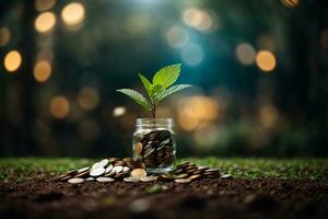 Pflanze wachsend im Ersparnisse Münzen - - Investition und Interesse Konzept. ai generiert foto