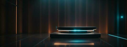 futuristisch dunkel Podium mit Licht und Betrachtung Hintergrund. ai generiert foto